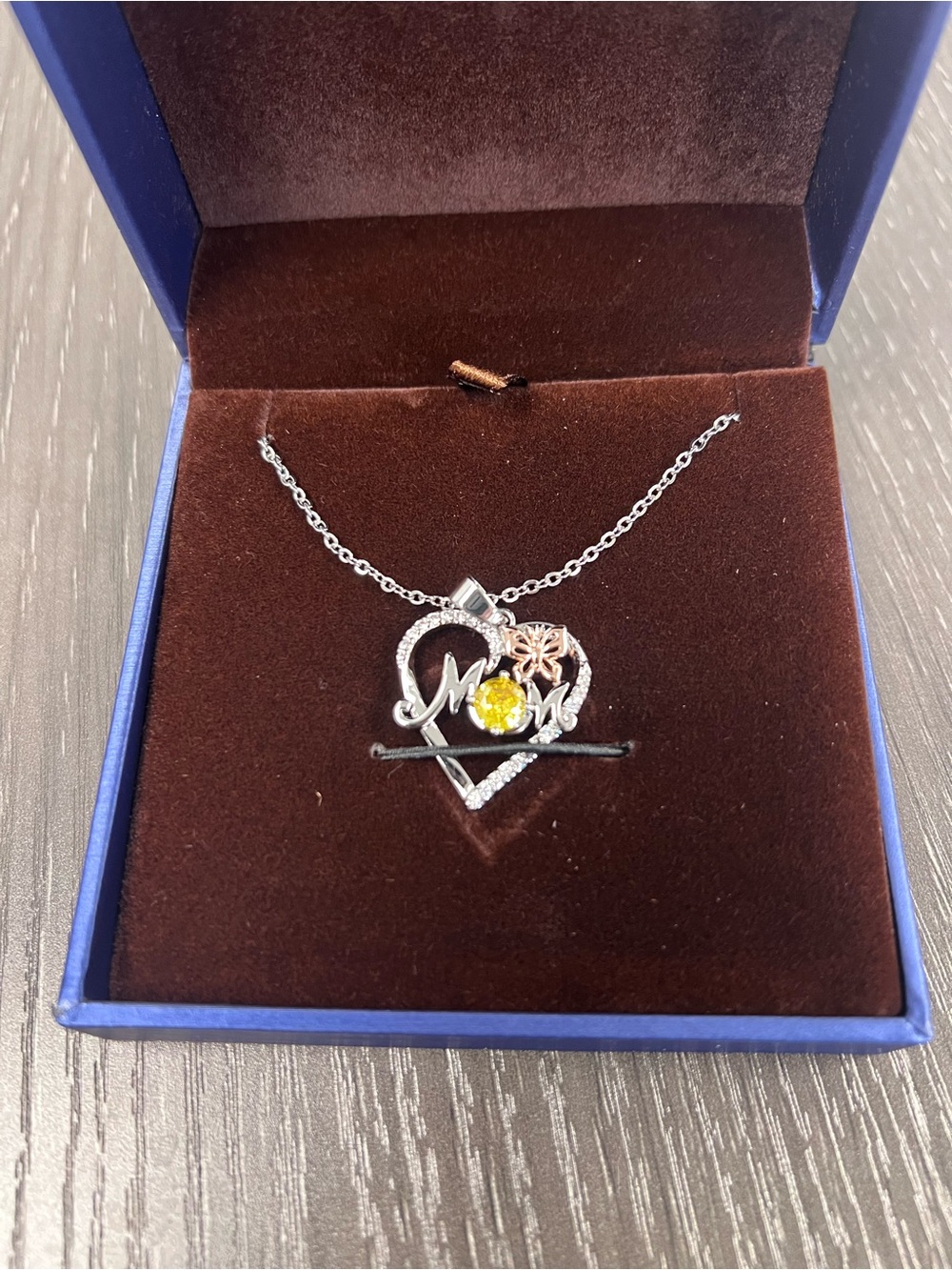 NIB Sterling Silver Mom Heart Pendant Necklace with Yellow Gem Accent